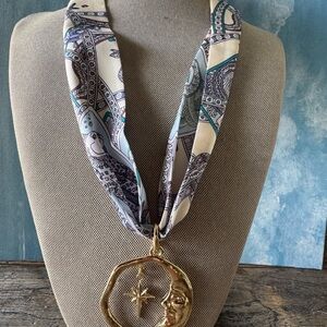 Silk Scarf Necklace with Gold Moon Pendant